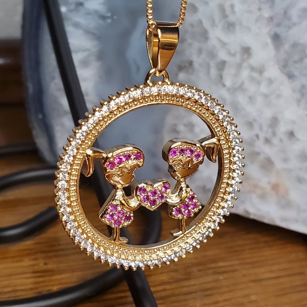 Mother's Day Necklace - Two Pink Girls in Circle